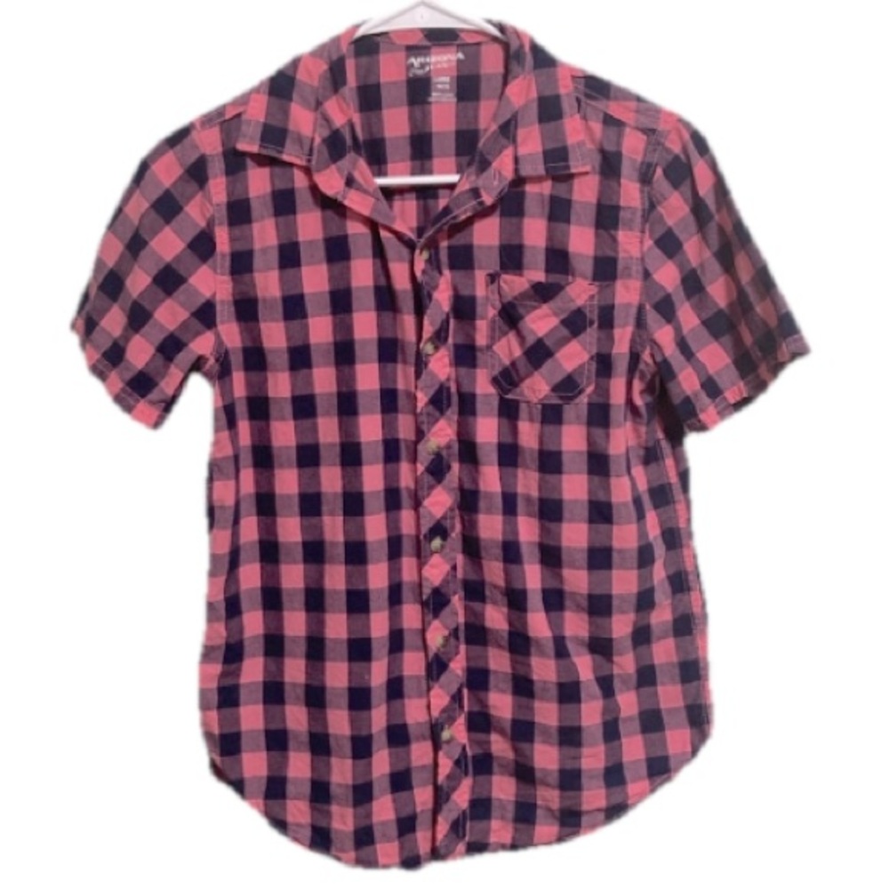 ARIZONA JEANS Checkered Plaid Pink Blue Button Down Shirt Girls Youth 14 16